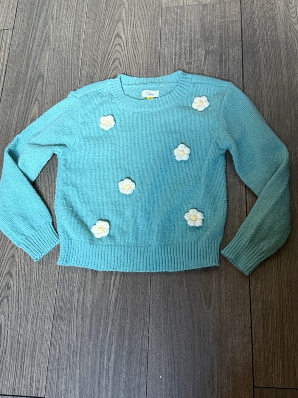 Girls' Aqua Floral Applique Crewneck Sweater
